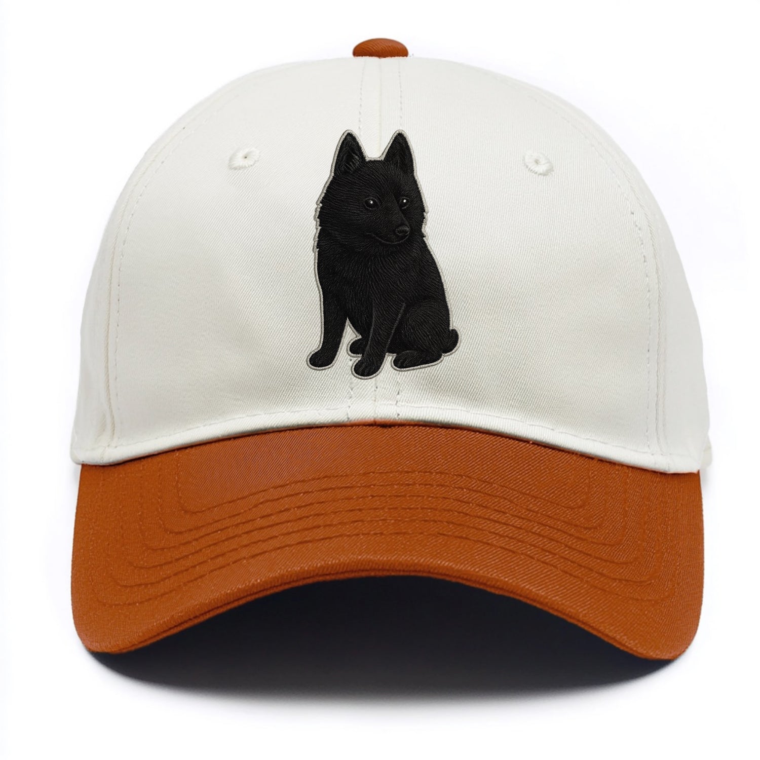 Schipperke - Solid black small embroidered sitting pose - Two Tone Cap - Orange