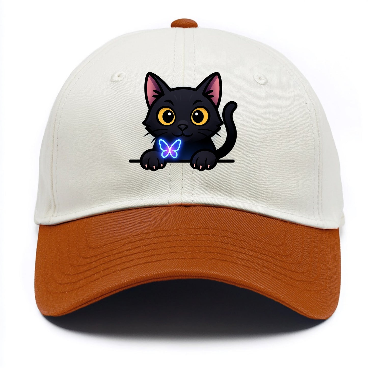 Midnight the black cat blowing a glossy bubblegum bubble while peeking. - Two Tone Cap - Orange