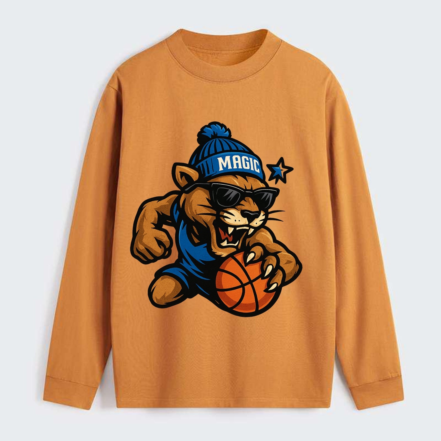 Florida Panther wearing Magic beanie with star wand patch and wayfarer - Classic Long Sleeve Shirt - Orange