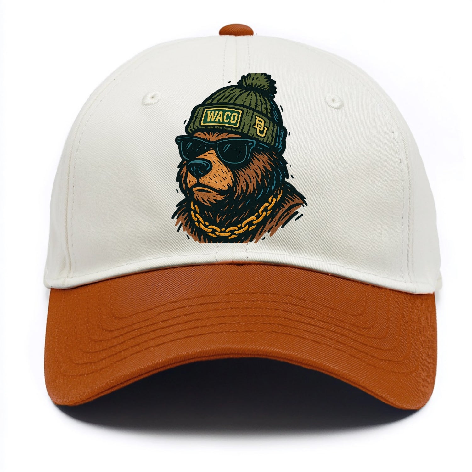 Waco Bear wearing Baylor beanie with BU patch - Two Tone Cap - Orange
