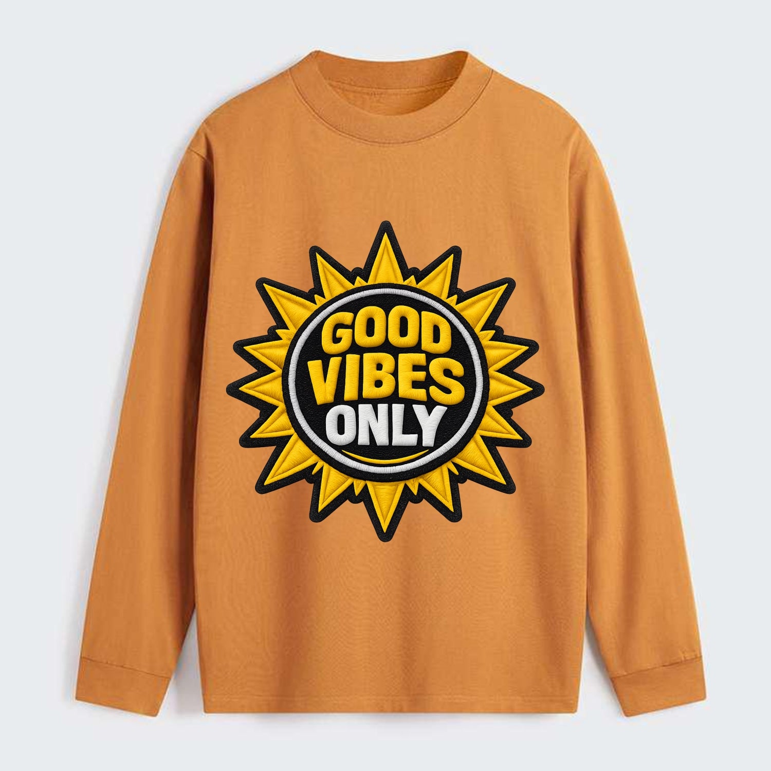 GOOD VIBES ONLY - sun with text in yellow , positive energy - Classic Long Sleeve Shirt - Orange