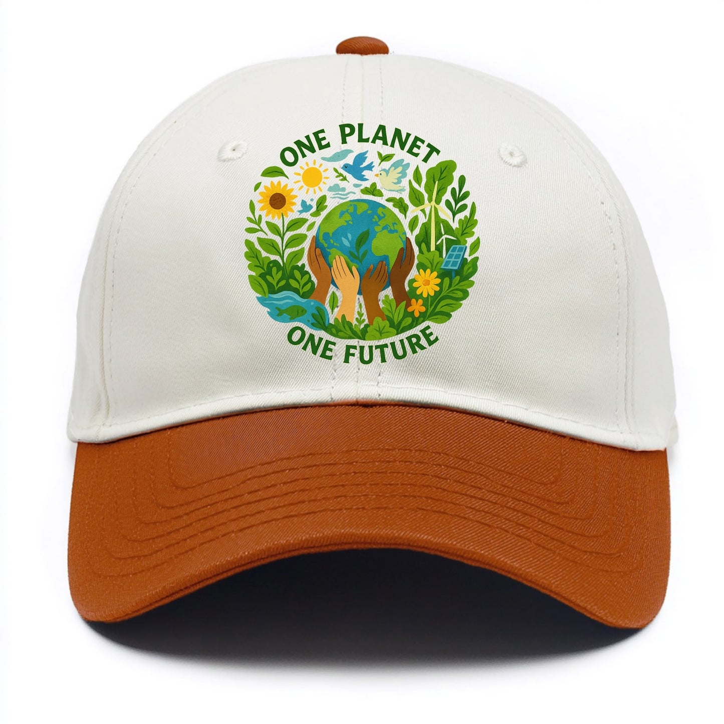 Globe surrounded by hands of all colors working together - "One Planet, One Future" - Two Tone Cap - Orange