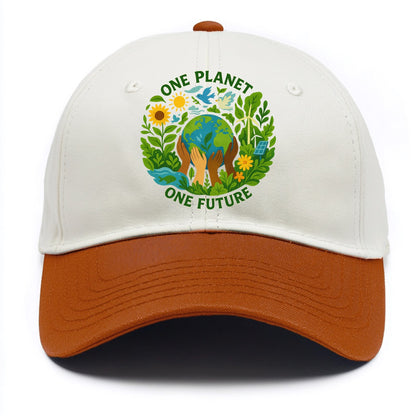 Globe surrounded by hands of all colors working together - "One Planet, One Future" - Two Tone Cap - Orange