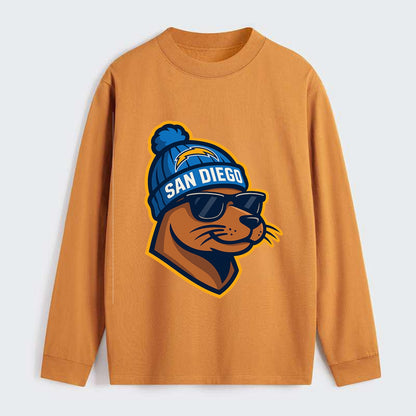 San Diego Sea Lion wearing Chargers beanie with bolt patch and wayfarer - Classic Long Sleeve Shirt - Orange