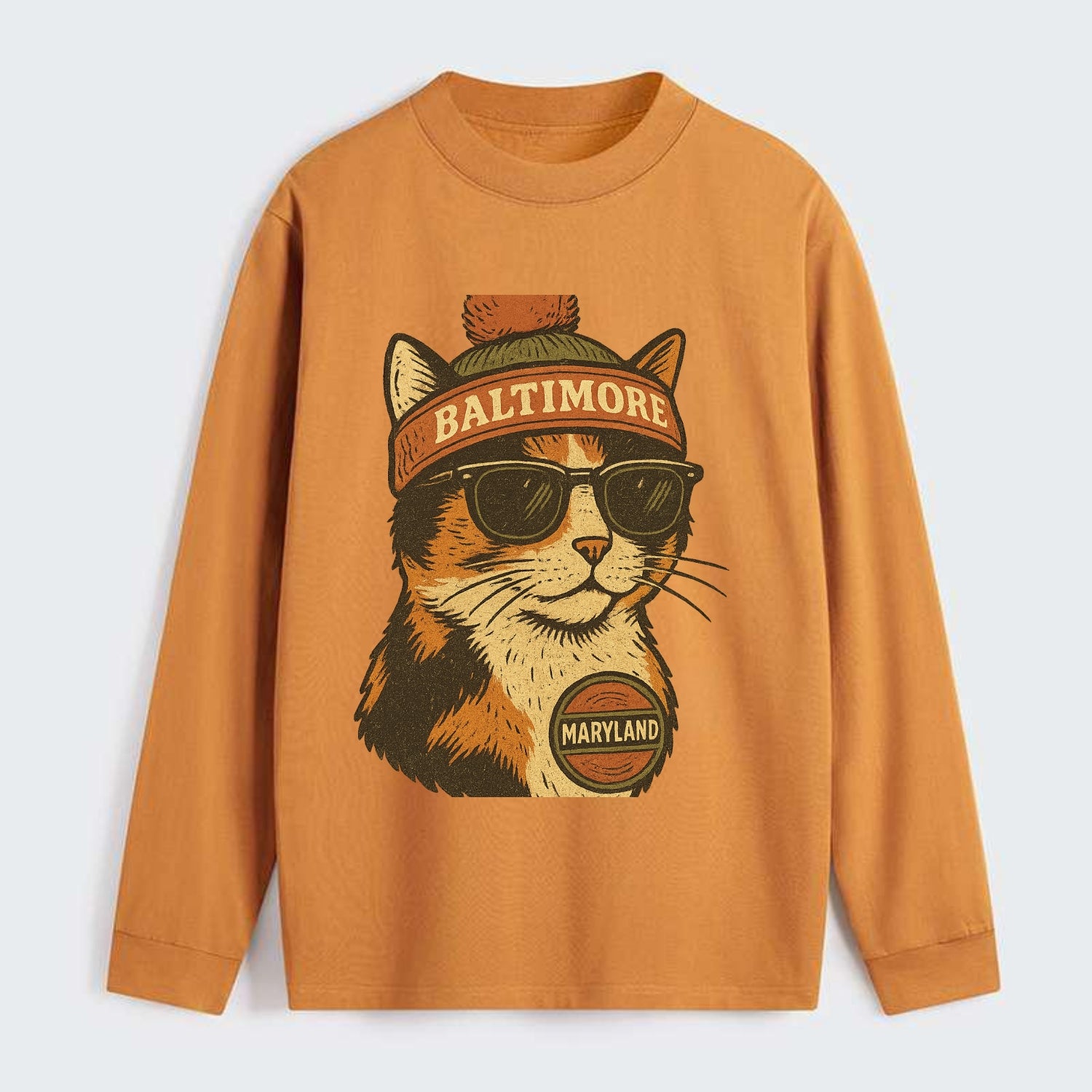 Maryland Calico Cat wearing Baltimore beanie with pom pom and wayfarer - Classic Long Sleeve Shirt - Orange