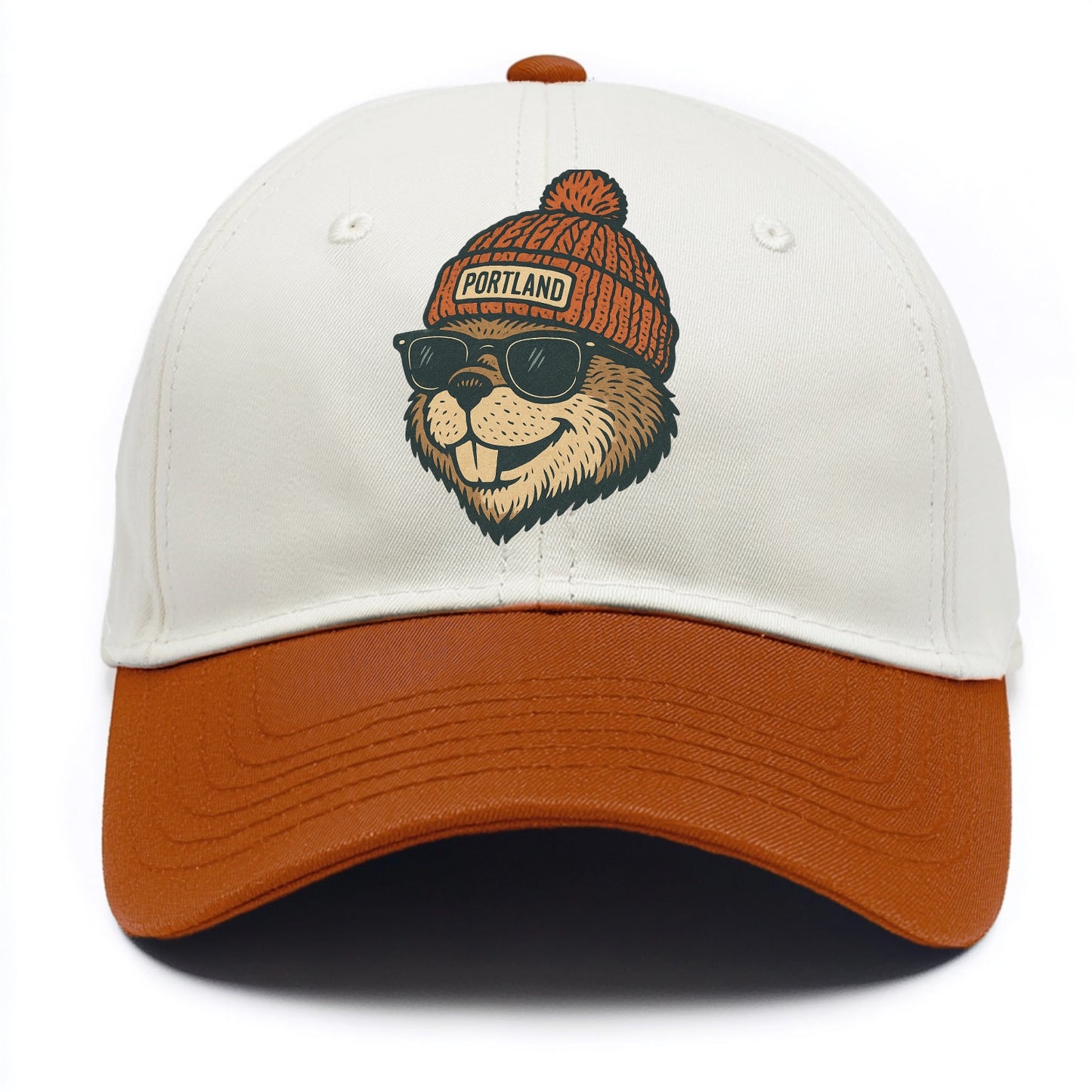 Oregon Beaver wearing Portland beanie with pom pom and wayfarer sunglasses - Two Tone Cap - Orange