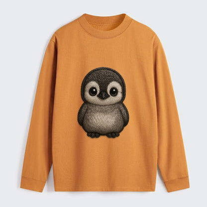 Baby Penguin Chick - gray fluffy, white face, round body, front-facing, - Classic Long Sleeve Shirt - Orange