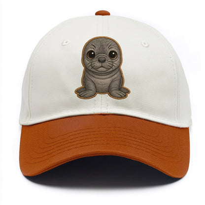 Baby Elephant Seal - gray wrinkly, tiny trunk nose, big dark eyes, front-facing, - Two Tone Cap - Orange