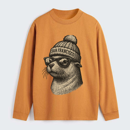 San Francisco Sea Lion wearing San Francisco beanie with pom pom and - Classic Long Sleeve Shirt - Orange