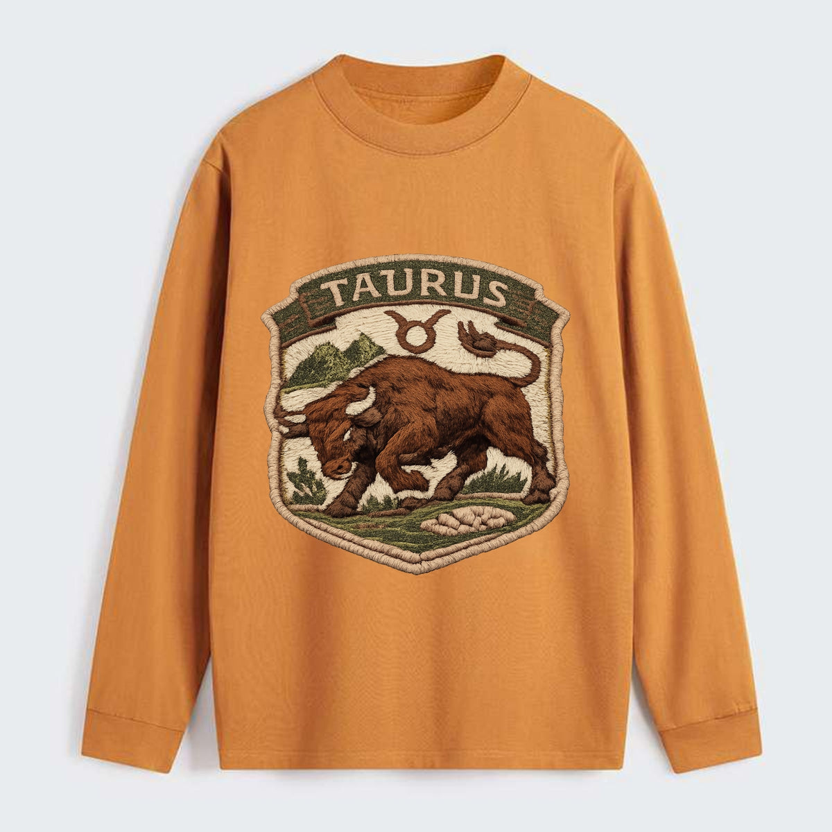 TAURUS BULL - strong bull in brown and green , earth sign - Classic Long Sleeve Shirt - Orange