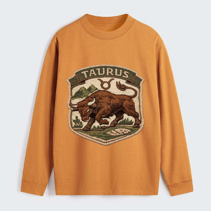 TAURUS BULL - strong bull in brown and green , earth sign - Classic Long Sleeve Shirt - Orange
