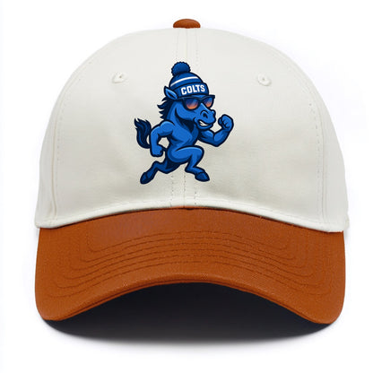 Indianapolis Colt Horse wearing Colts blue and white beanie with pom pom and - Two Tone Cap - Orange