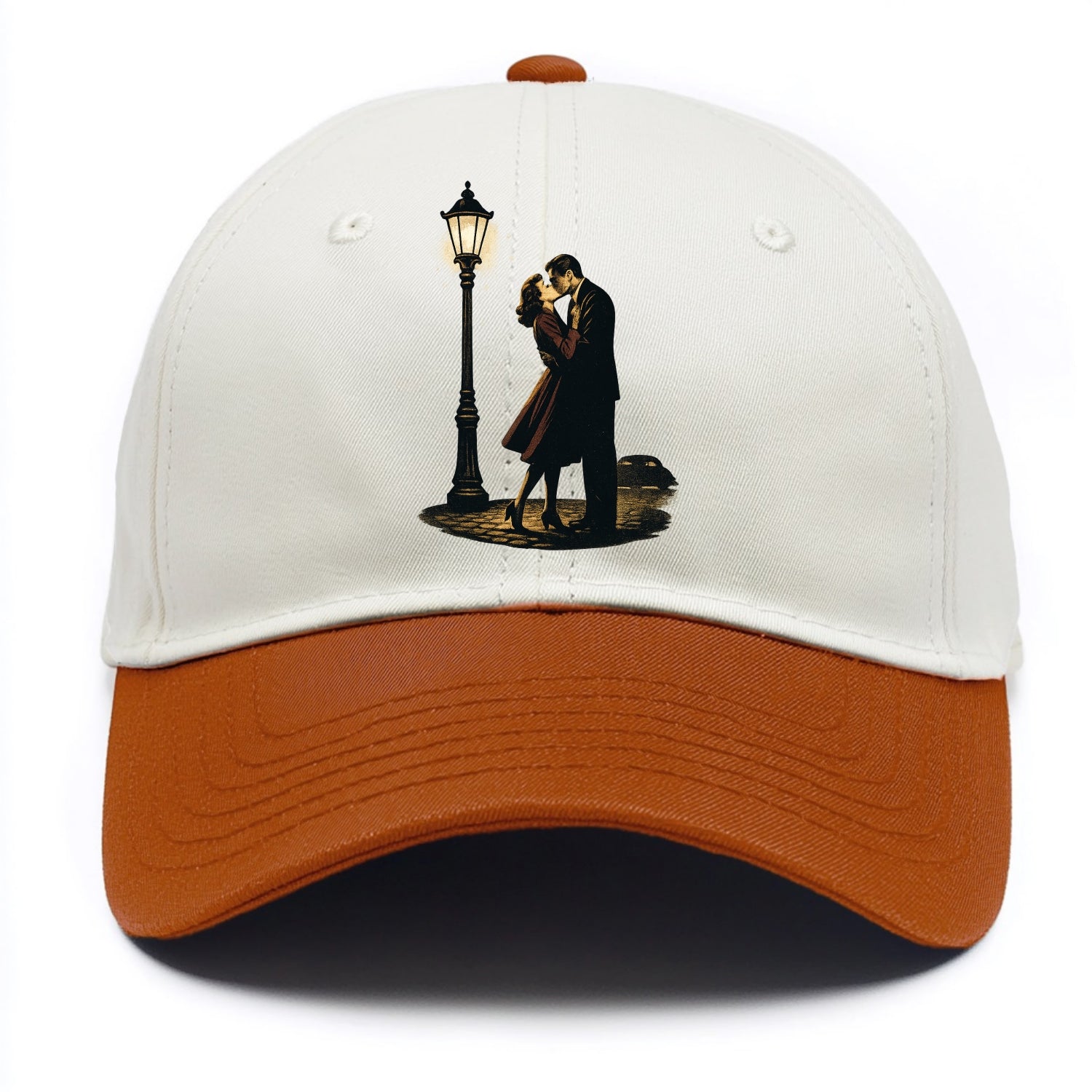 first kiss under vintage street lamp on cobblestone at night - Two Tone Cap - Orange