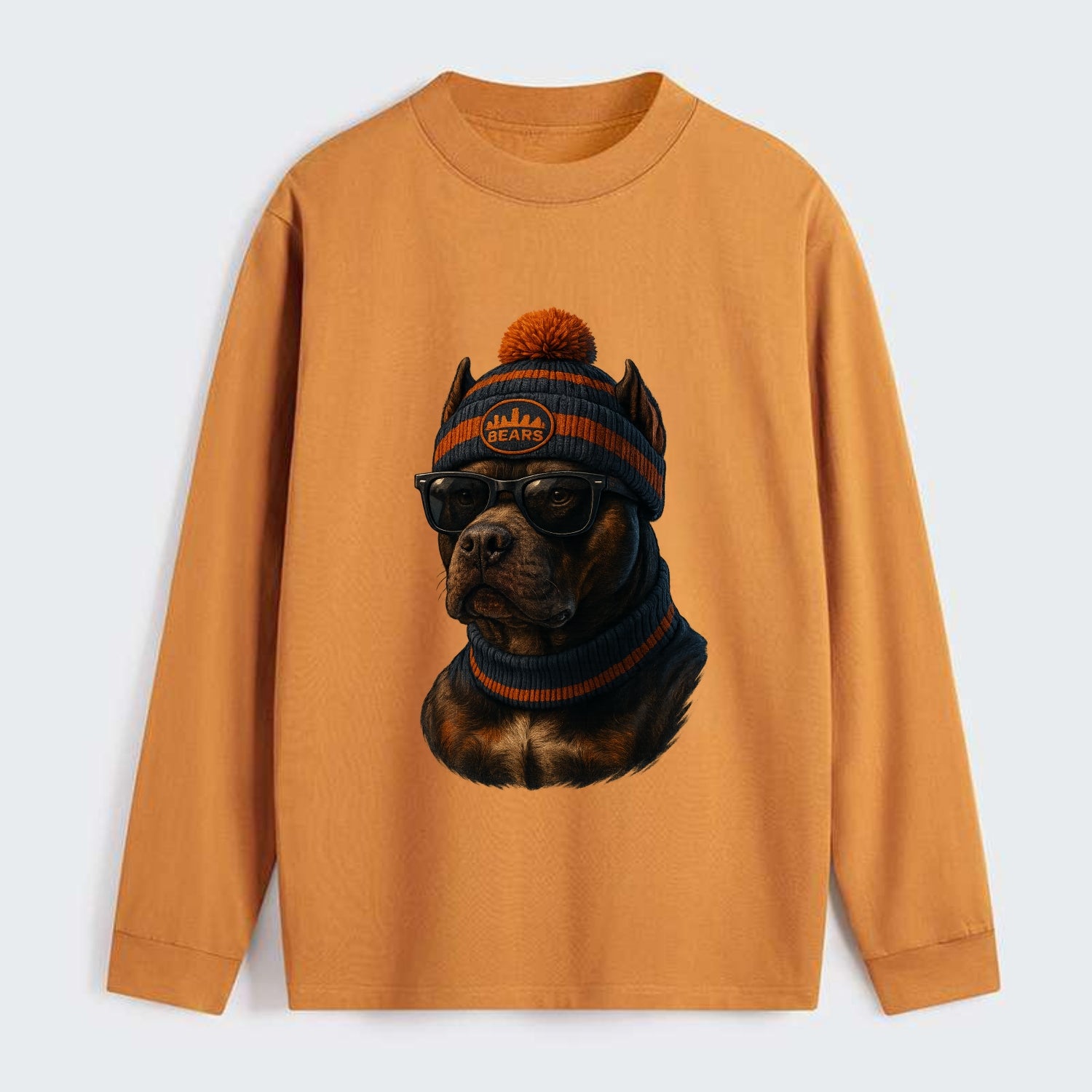 Chicago Pitbull wearing Bears beanie with skyline patch and wayfarer - Classic Long Sleeve Shirt - Orange