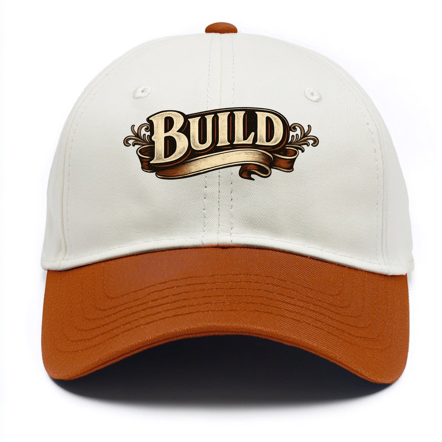 Bold typography design - "BUILD" - constructing, making real - Two Tone Cap - Orange