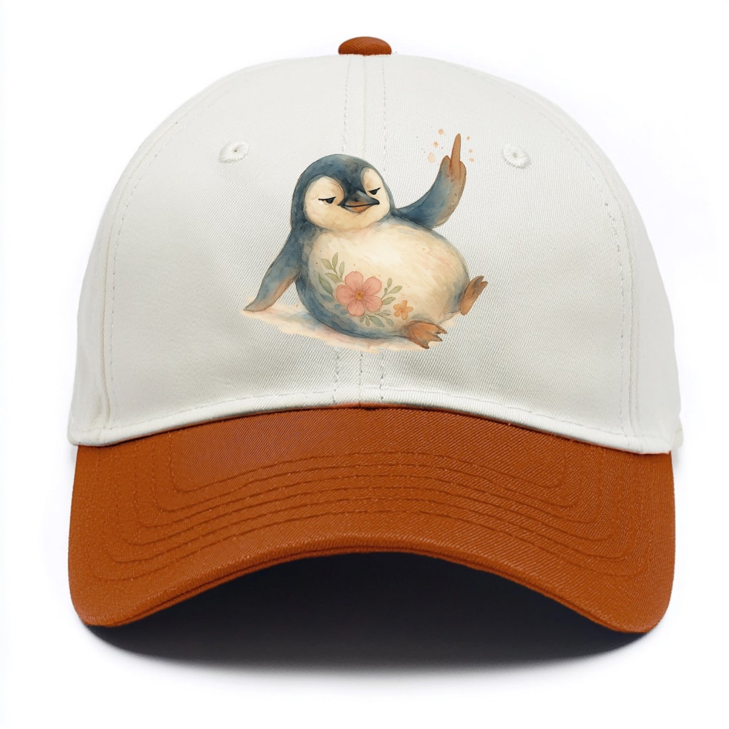 chubby penguin sliding on belly, one flipper up giving attitude - Two Tone Cap - Orange
