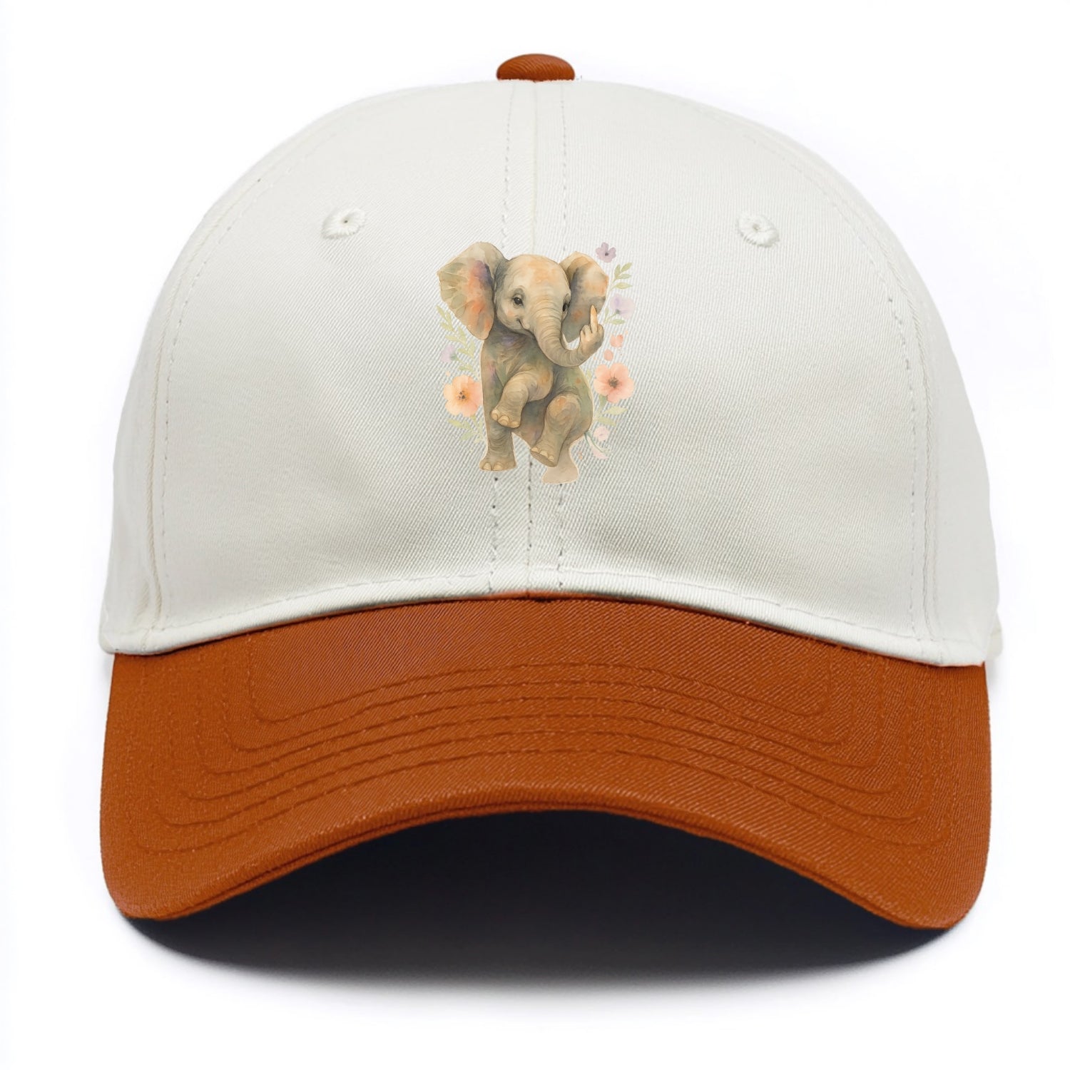 baby elephant with trunk up, one foot raised with middle toe extended - Two Tone Cap - Orange