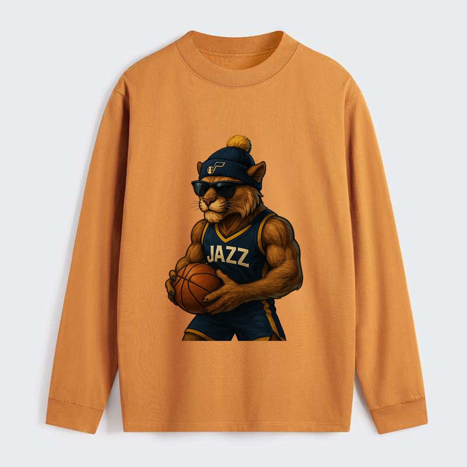 Utah Mountain Lion wearing Jazz navy and yellow beanie with music note - Classic Long Sleeve Shirt - Orange