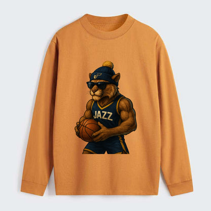 Utah Mountain Lion wearing Jazz navy and yellow beanie with music note - Classic Long Sleeve Shirt - Orange