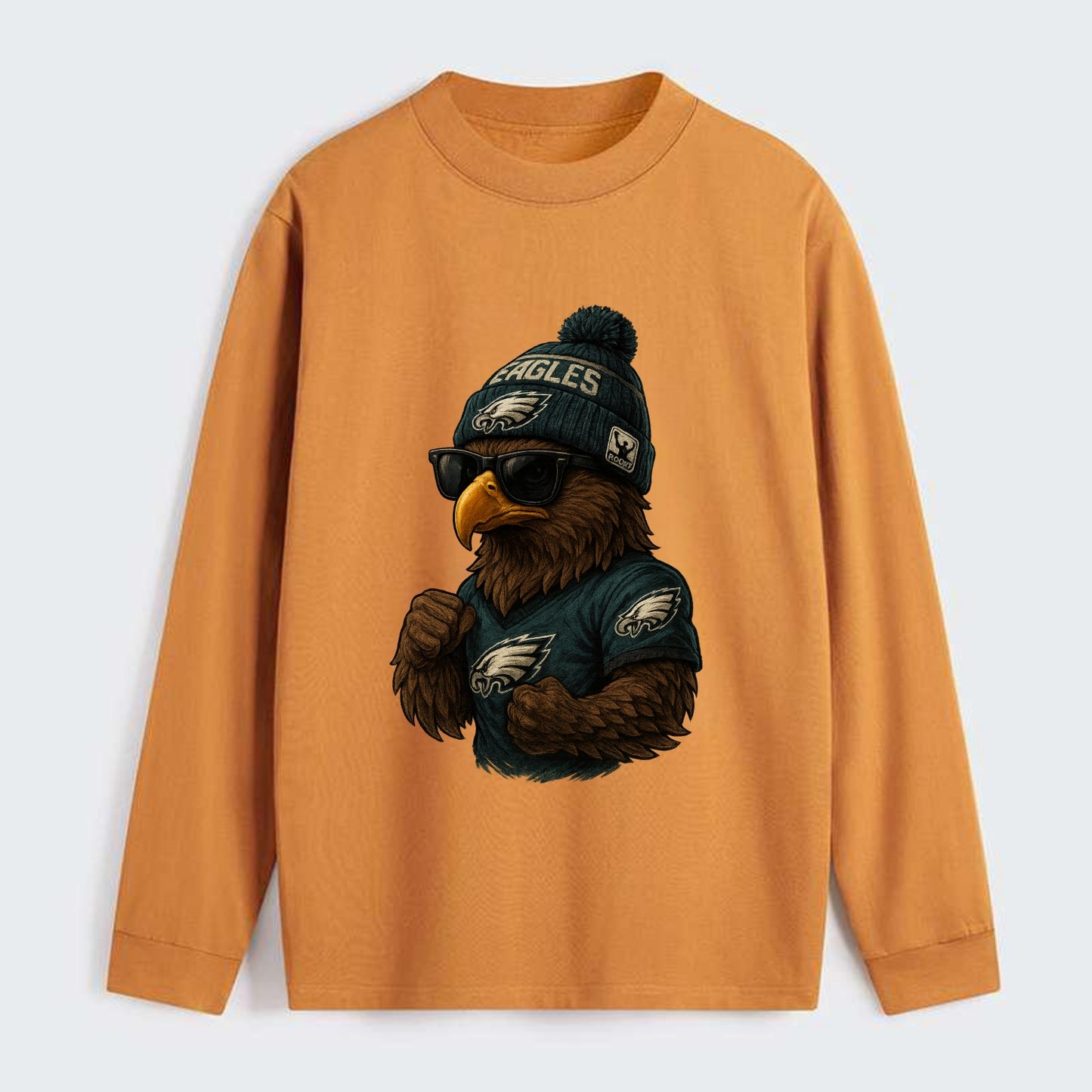 Philly Hawk wearing Eagles beanie with Rocky patch and wayfarer - Classic Long Sleeve Shirt - Orange