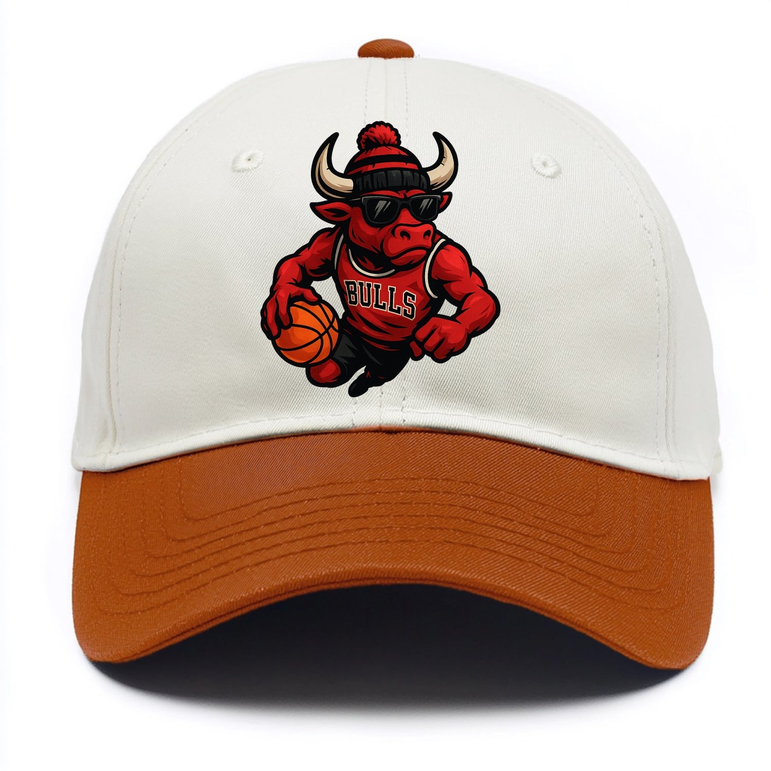 Chicago Bull wearing Bulls red and black beanie with horns design and wayfarer - Two Tone Cap - Orange