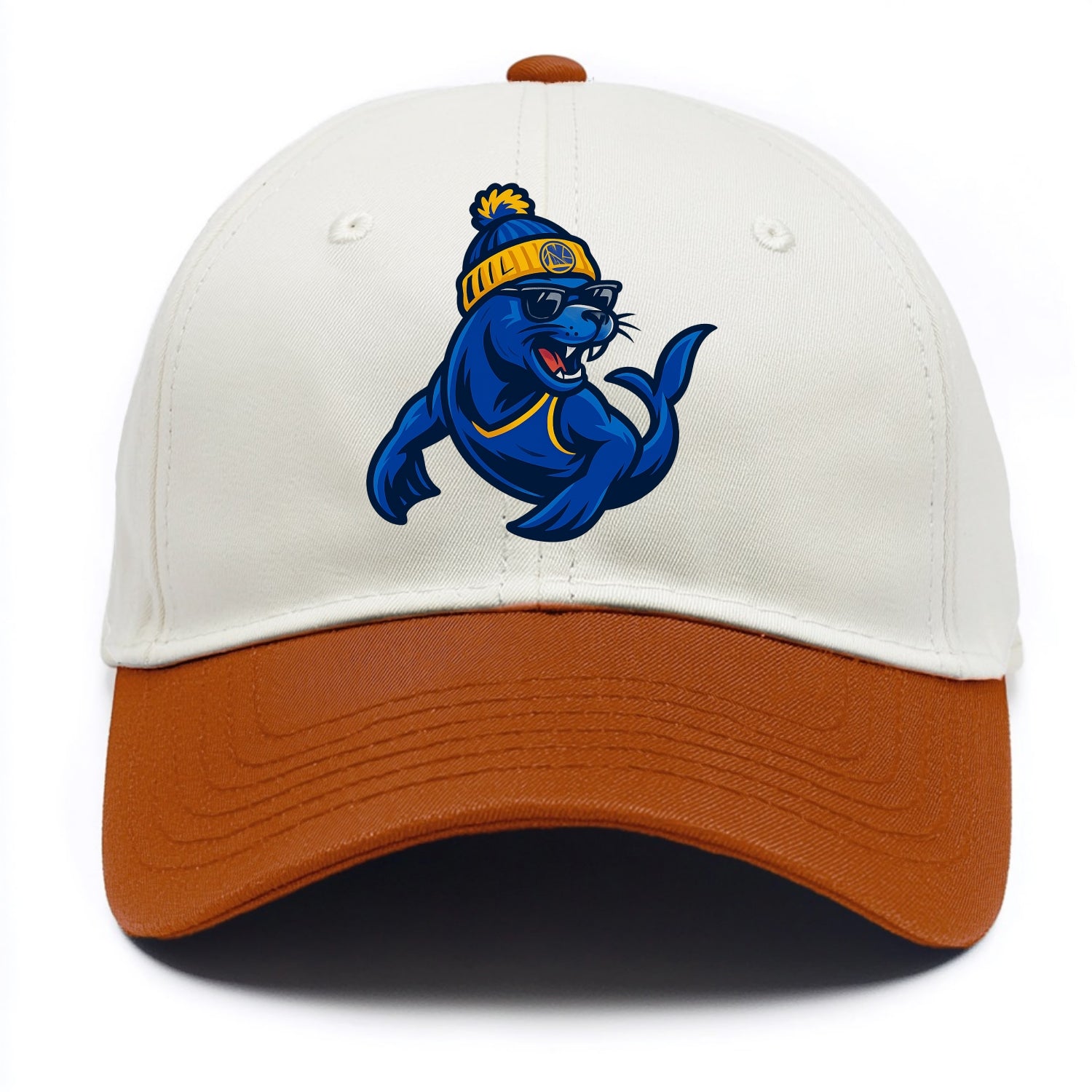 Bay Area Sea Lion wearing Warriors blue and gold beanie with Golden Gate and - Two Tone Cap - Orange