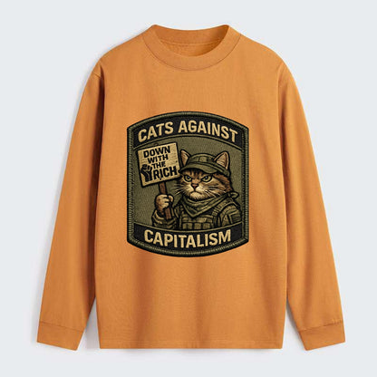 CATS AGAINST CAPITALISM - cat with protest sign in red , political cat - Classic Long Sleeve Shirt - Orange
