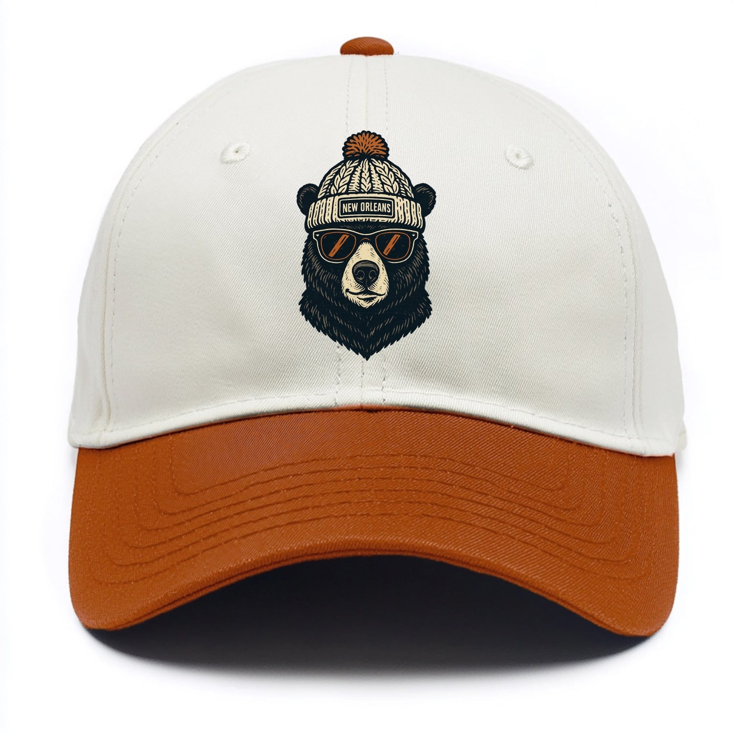 Louisiana Black Bear wearing New Orleans beanie with pom pom and wayfarer sunglasses - Two Tone Cap - Orange