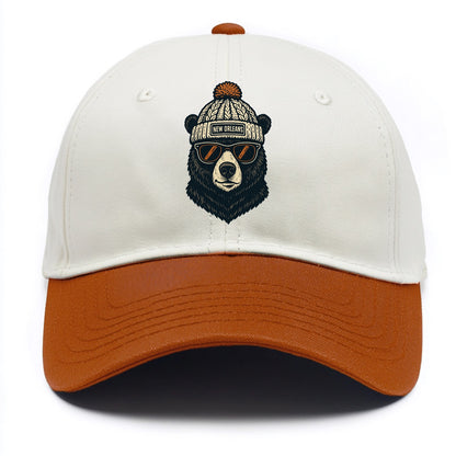 Louisiana Black Bear wearing New Orleans beanie with pom pom and wayfarer sunglasses - Two Tone Cap - Orange