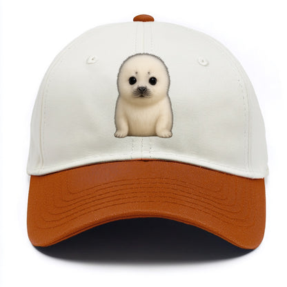 Baby Harp Seal - pure white fluffy fur, enormous dark eyes, front-facing, iconic cute - Two Tone Cap - Orange