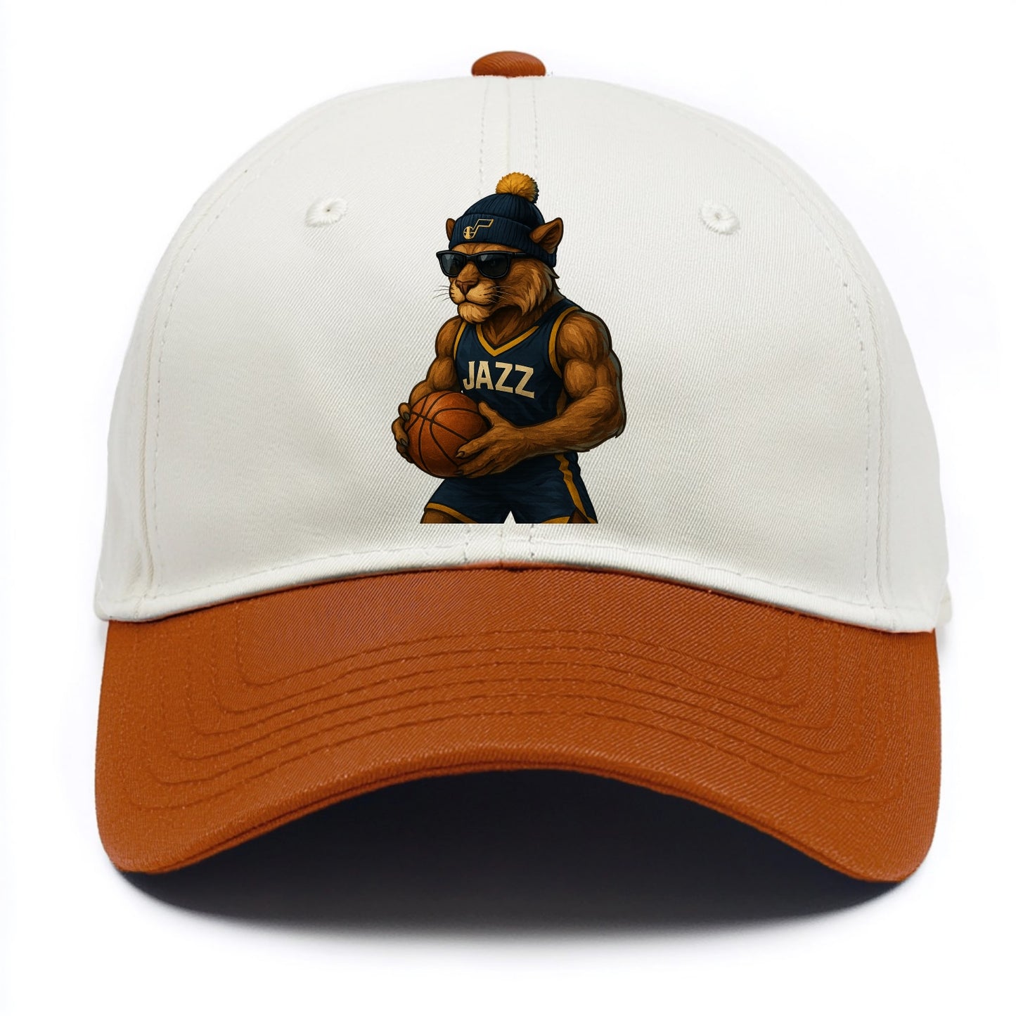 Utah Mountain Lion wearing Jazz navy and yellow beanie with music note and wayfarer - Two Tone Cap - Orange