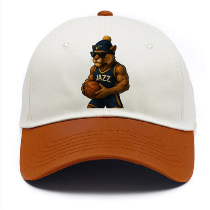 Utah Mountain Lion wearing Jazz navy and yellow beanie with music note and wayfarer - Two Tone Cap - Orange