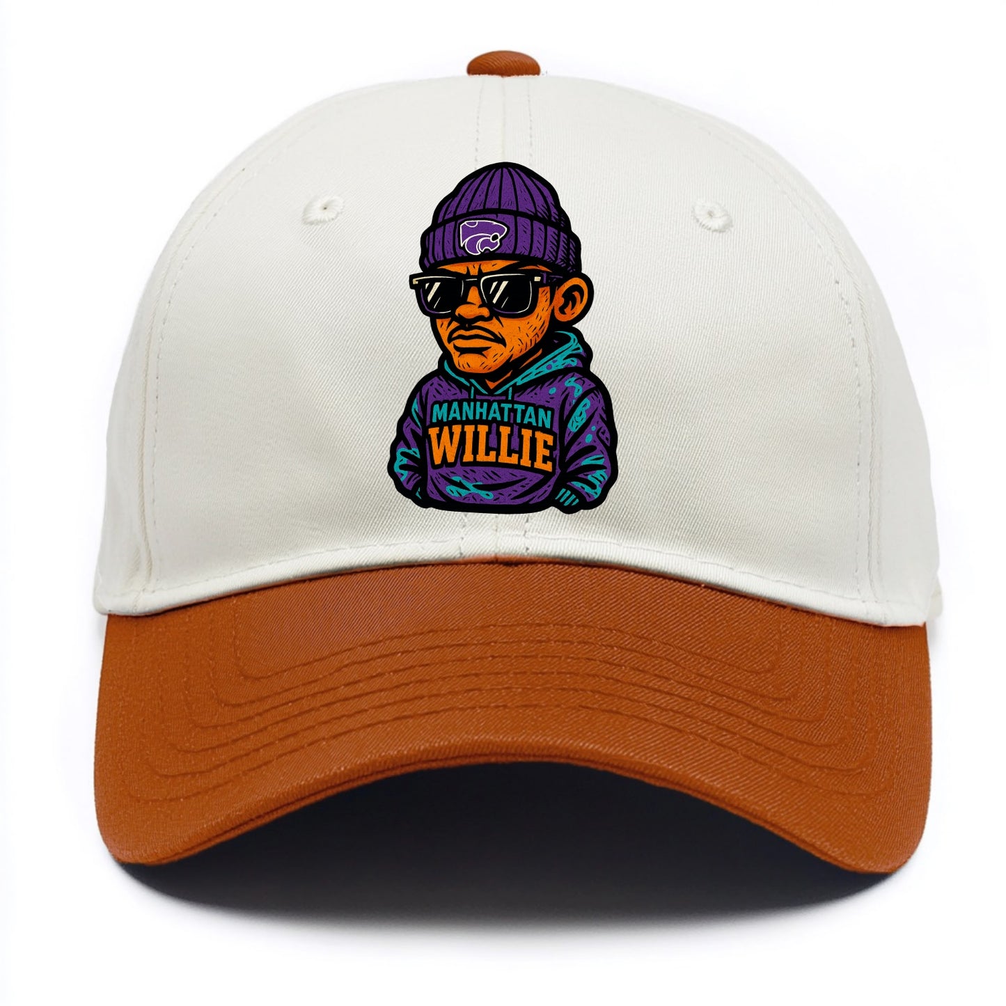 Manhattan Willie wearing Kansas State beanie with powercat patch - Two Tone Cap - Orange