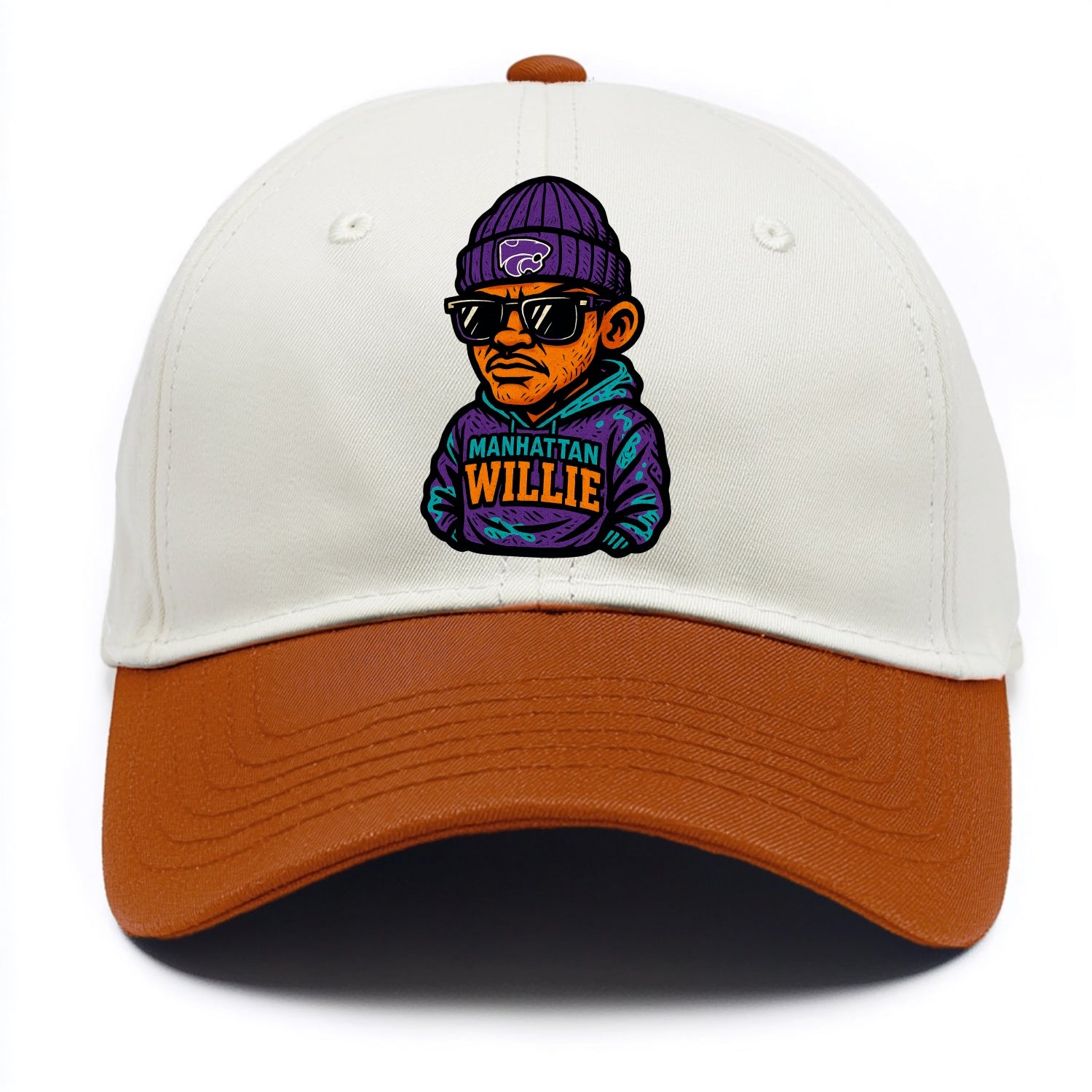 Manhattan Willie wearing Kansas State beanie with powercat patch - Two Tone Cap - Orange