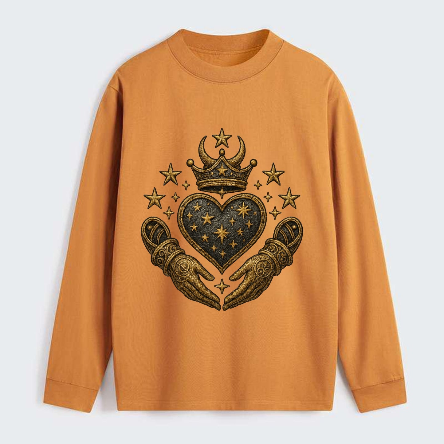 Weathered antique brass crown above a hammered gunmetal heart framed by - Classic Long Sleeve Shirt - Orange