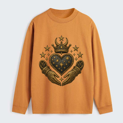 Weathered antique brass crown above a hammered gunmetal heart framed by - Classic Long Sleeve Shirt - Orange