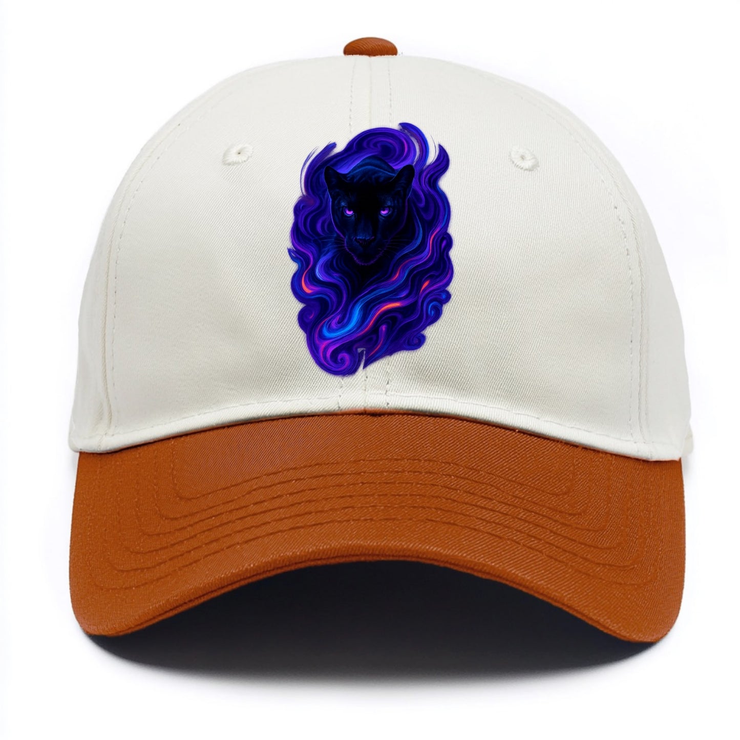 Sleek black panther emerging from swirls of deep purple and electric blue, - Two Tone Cap - Orange