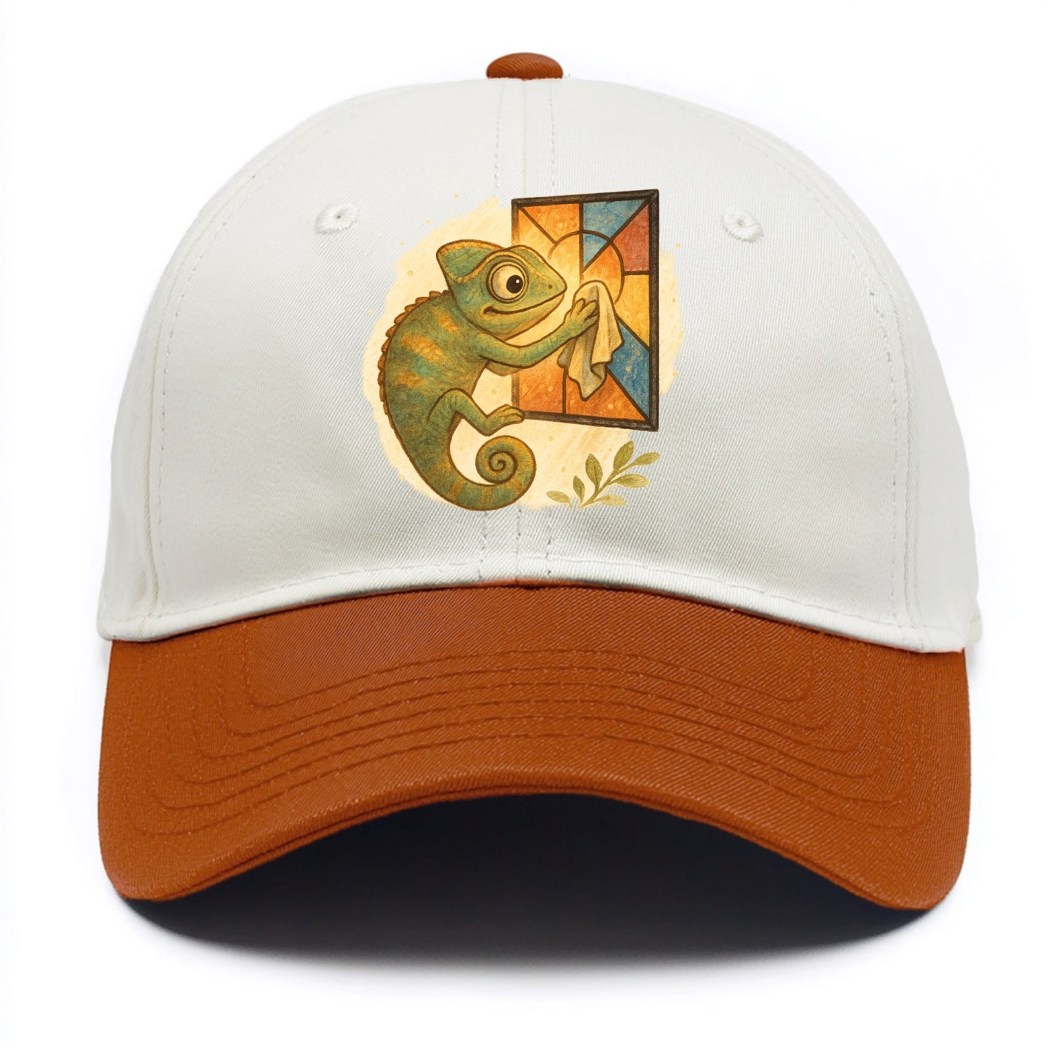 Chameleon blending into a stained-glass window it is polishing with delicate cloths - Two Tone Cap - Orange
