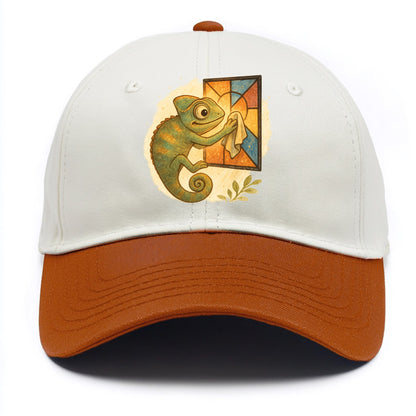 Chameleon blending into a stained-glass window it is polishing with delicate cloths - Two Tone Cap - Orange
