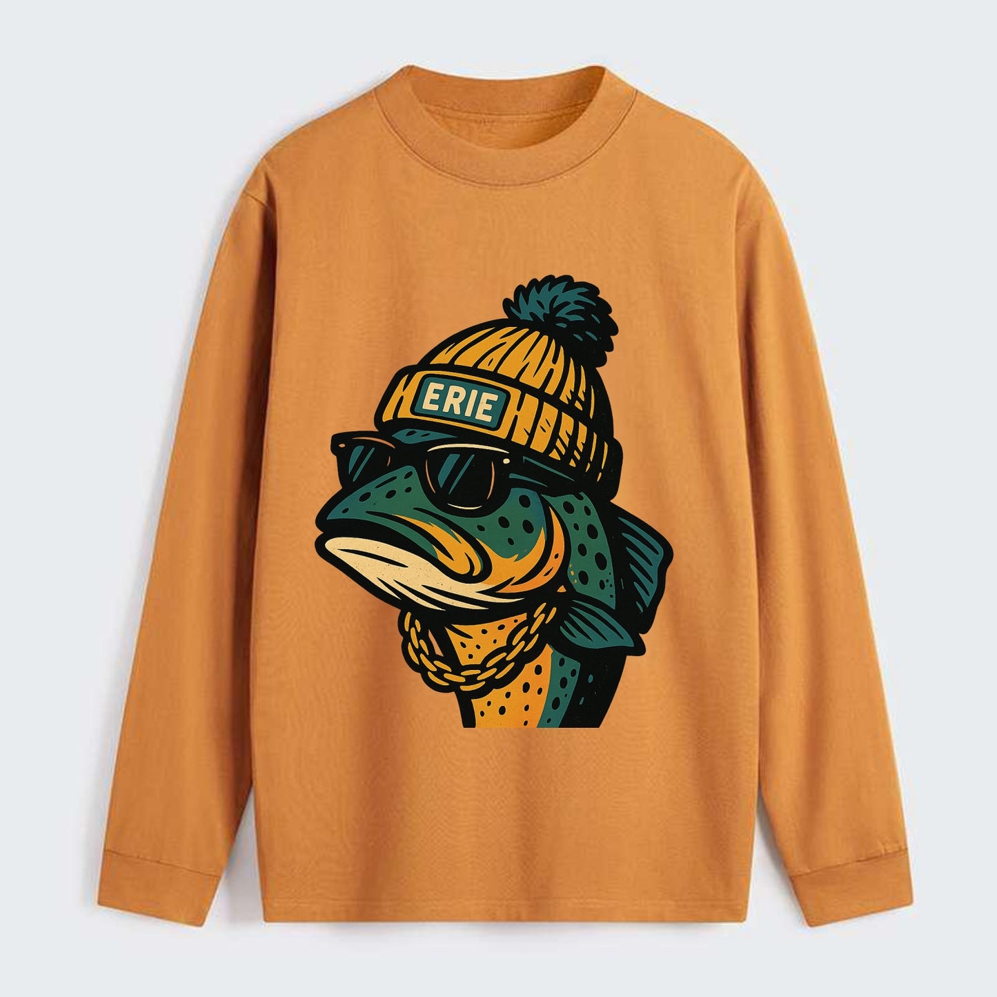 Erie Lake Trout wearing Erie beanie with pom pom and wayfarer sunglasses - Classic Long Sleeve Shirt - Orange