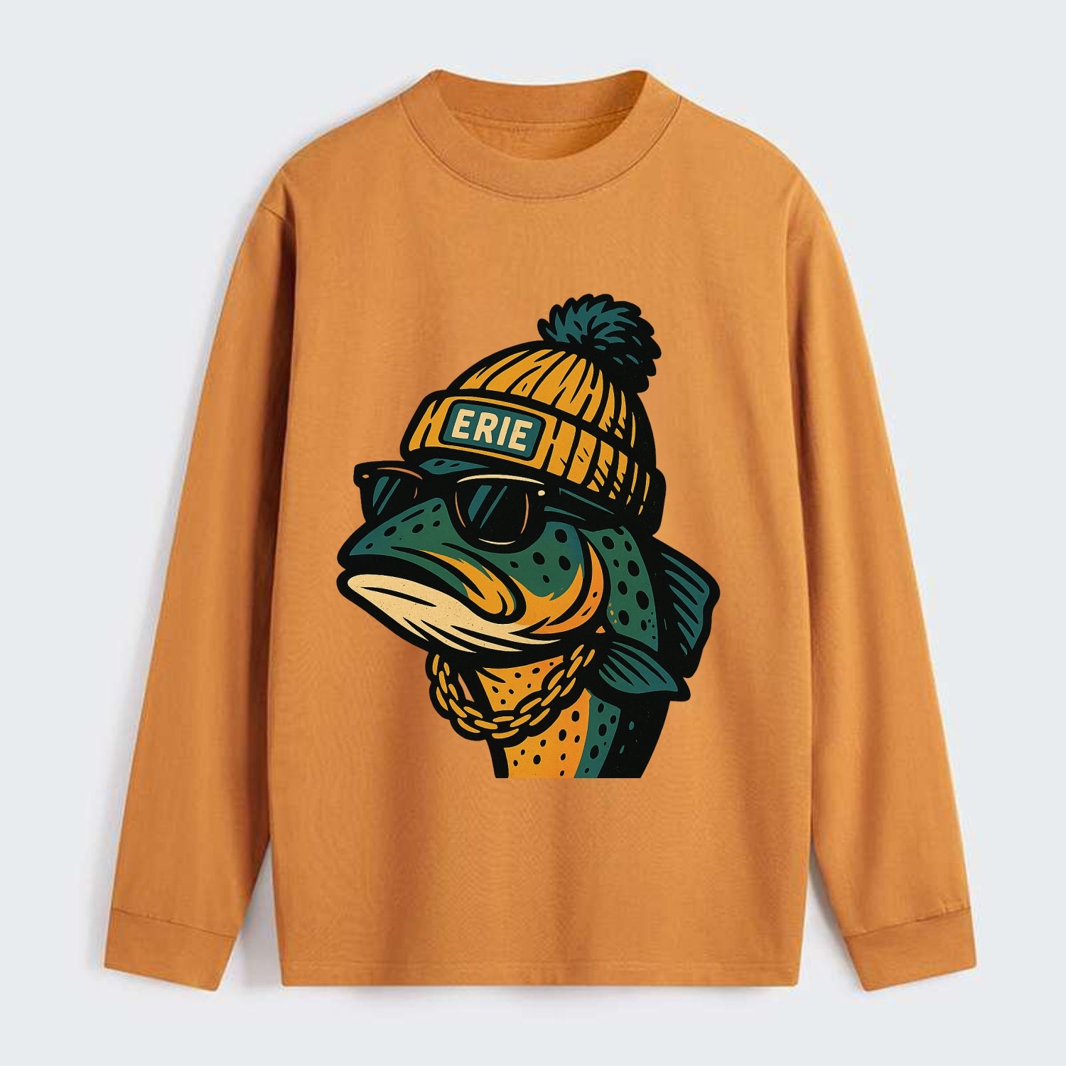 Erie Lake Trout wearing Erie beanie with pom pom and wayfarer sunglasses - Classic Long Sleeve Shirt - Orange