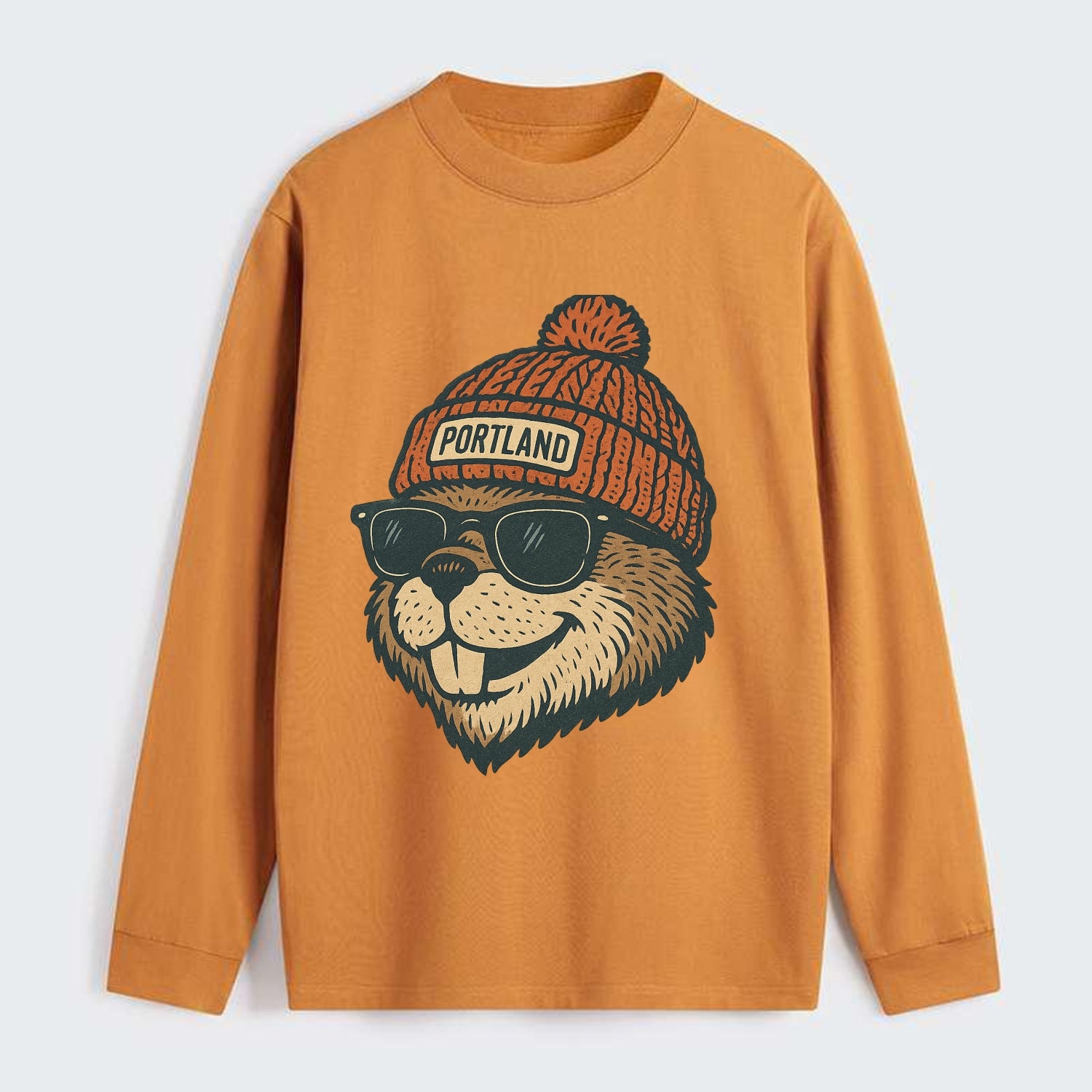Oregon Beaver wearing Portland beanie with pom pom and wayfarer - Classic Long Sleeve Shirt - Orange
