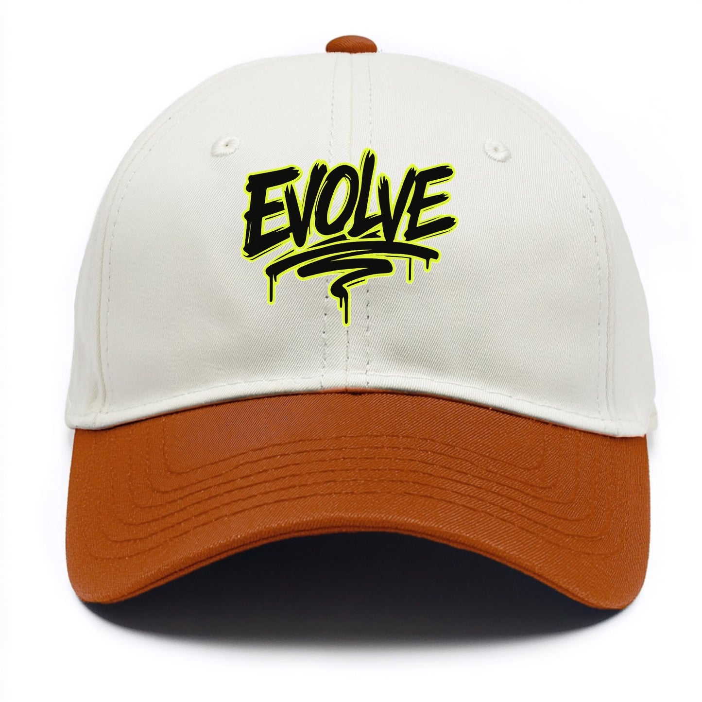 Bold typography design - "EVOLVE" - changing, becoming better - Two Tone Cap - Orange