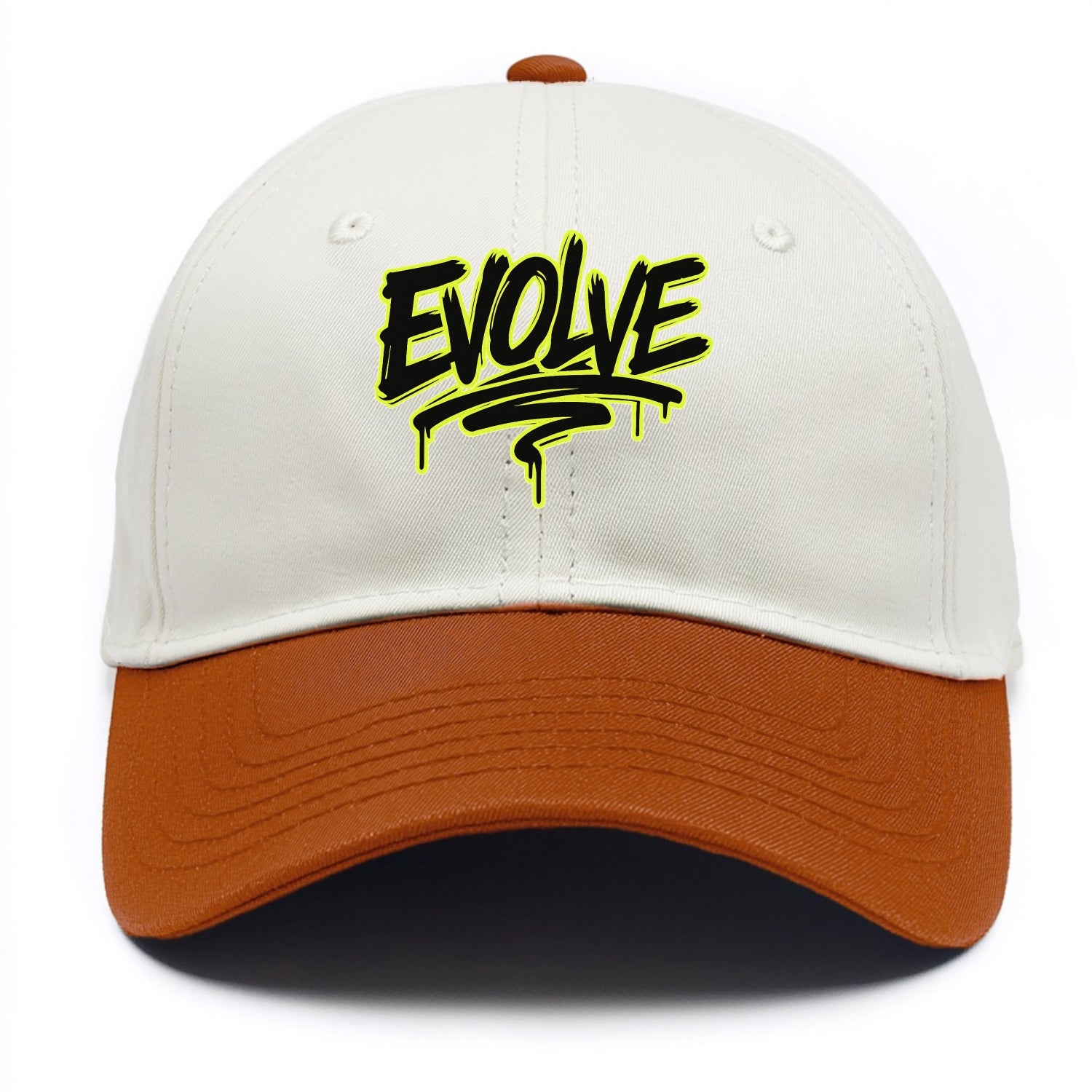 Bold typography design - "EVOLVE" - changing, becoming better - Two Tone Cap - Orange
