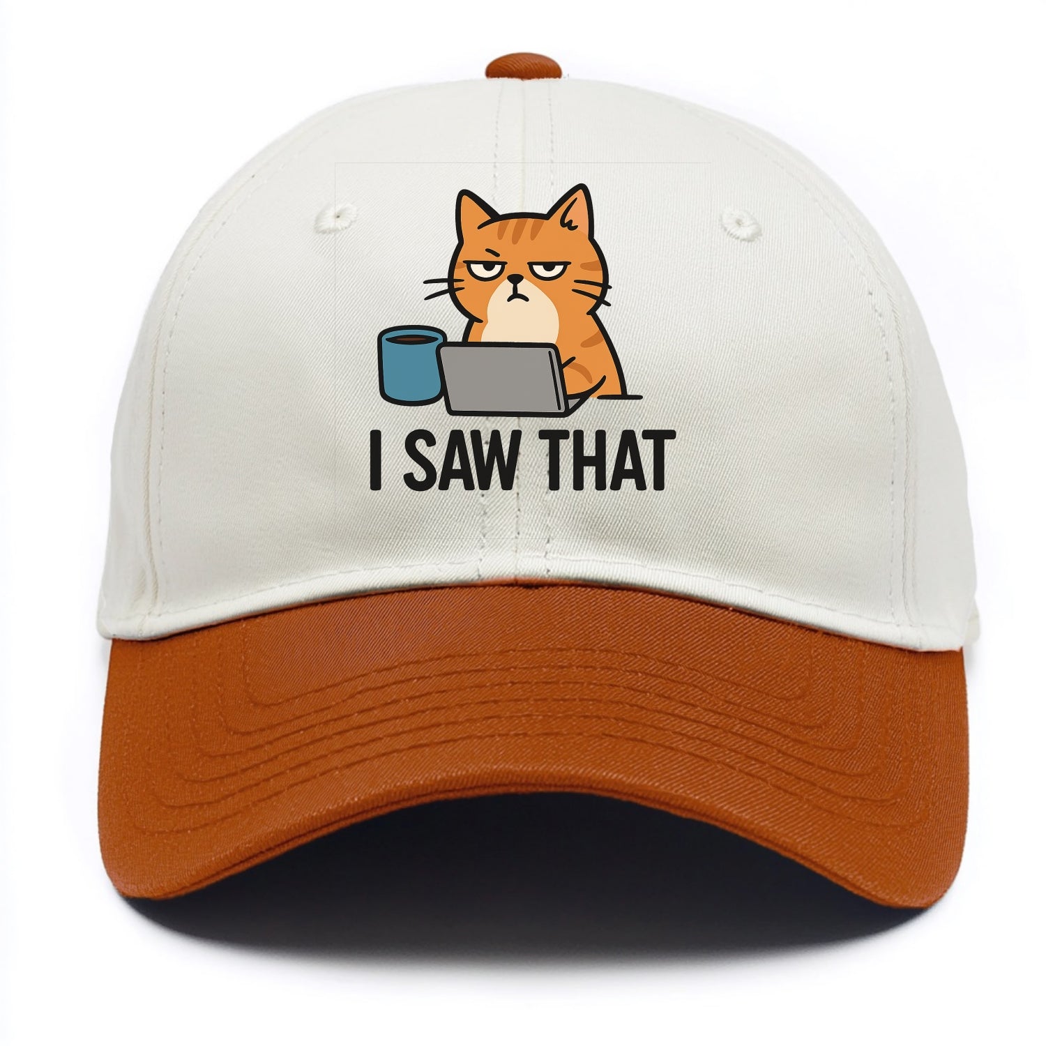 Cat with one eye open judging you - "I SAW THAT" - nothing escapes notice - Two Tone Cap - Orange