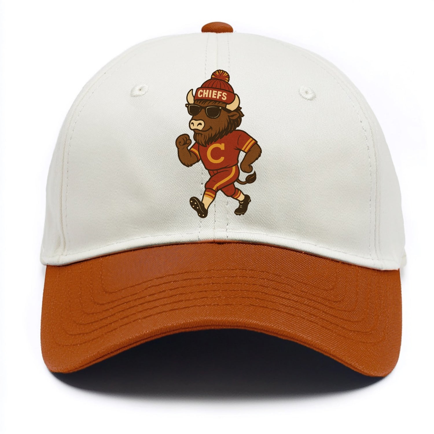 KC Bison wearing Chiefs beanie with arrowhead patch and wayfarer sunglasses - Two Tone Cap - Orange