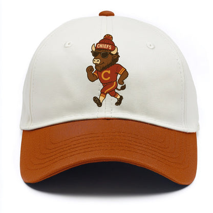 KC Bison wearing Chiefs beanie with arrowhead patch and wayfarer sunglasses - Two Tone Cap - Orange