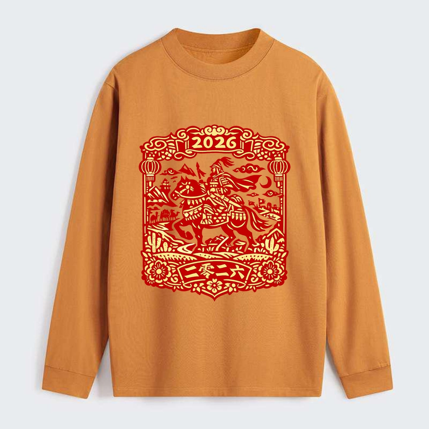HORSE AND RIDER | Traditional Chinese warrior on horseback | Silk Road - Classic Long Sleeve Shirt - Orange