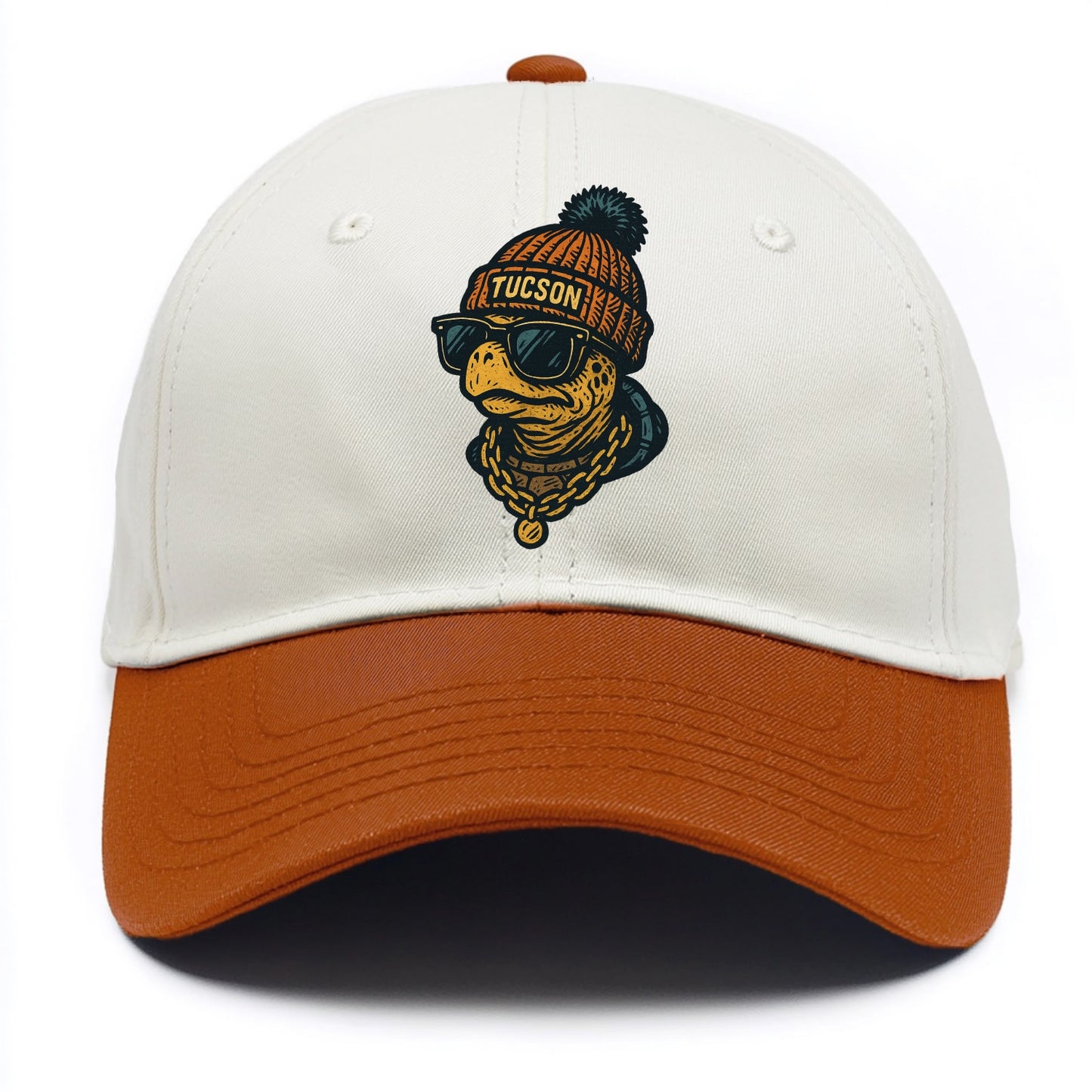 Tucson Desert Tortoise wearing Tucson beanie with pom pom and wayfarer sunglasses - Two Tone Cap - Orange