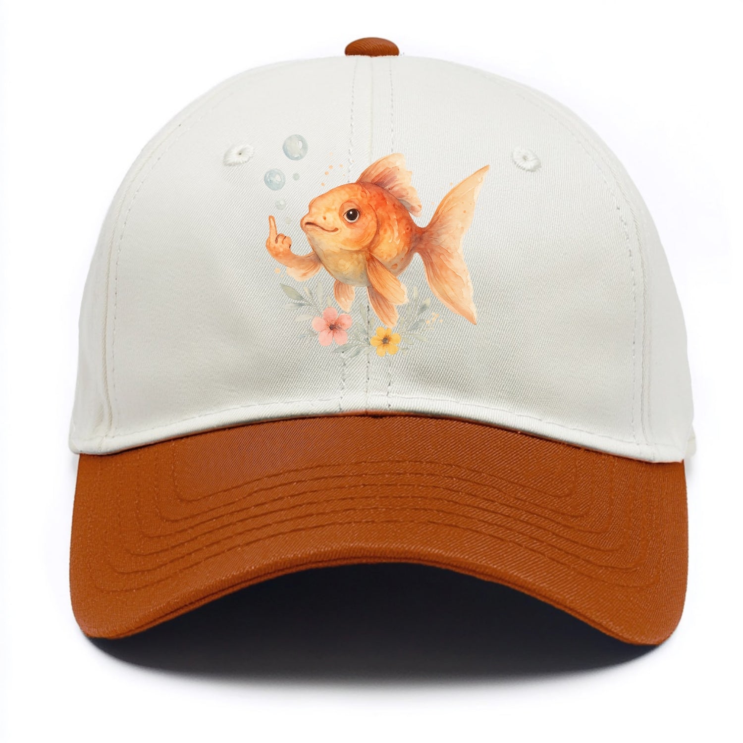 chubby goldfish blowing bubbles, one fin extended like middle finger - Two Tone Cap - Orange